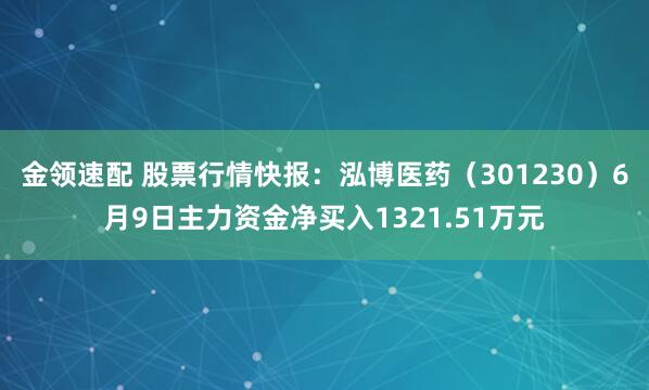 金领速配 股票行情快报：泓博医药（301230）6月9日主力资金净买入1321.51万元